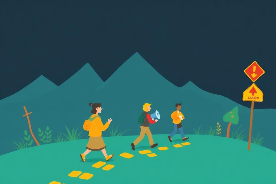 Cartoon of villagers practicing an evacuation drill toward high ground