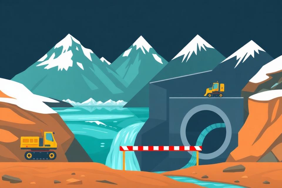 Cartoon of workers draining a glacial lake through a tunnel with excavators