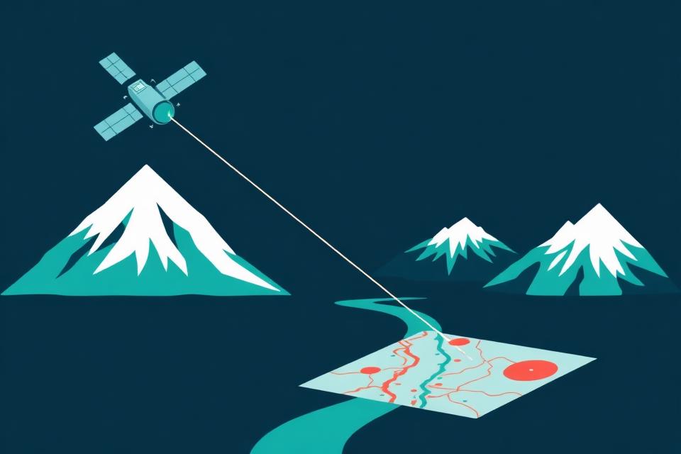 Cartoon of a satellite scanning mountains and marking flood hazard zones on a map