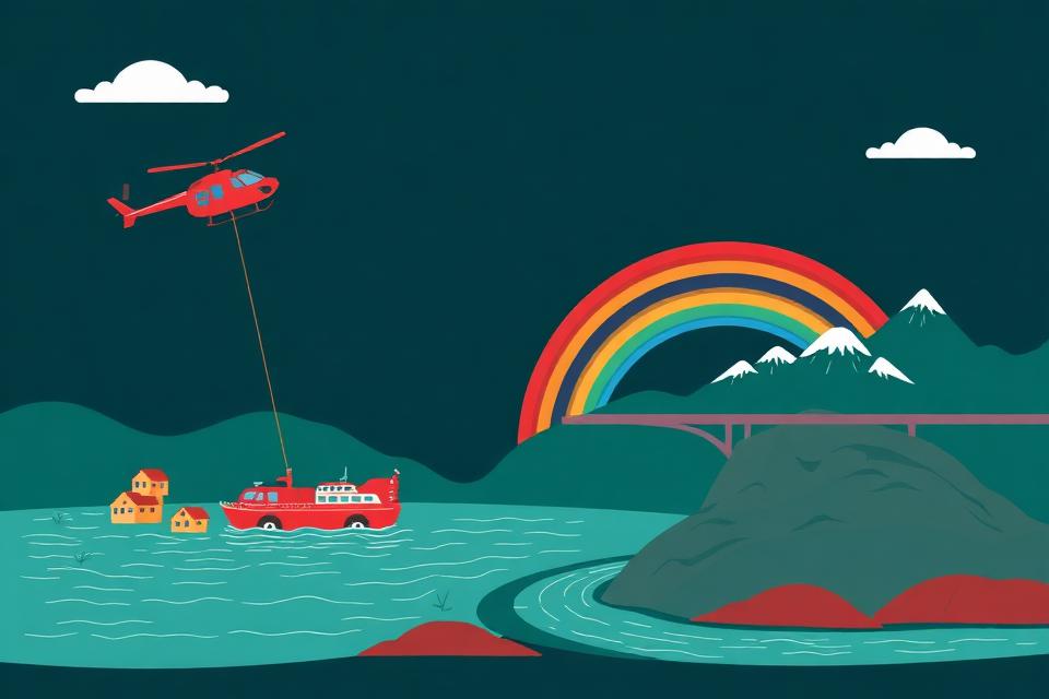 Cartoon of a rescue helicopter and boat during a flood with a rebuilt bridge
