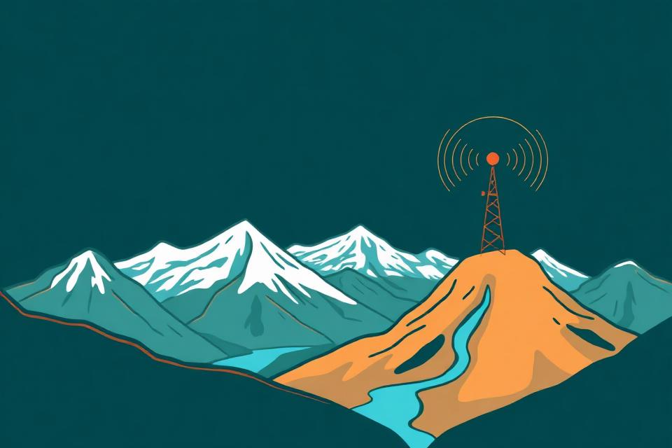 Cartoon of a siren and sensor tower on a hill above a mountain valley