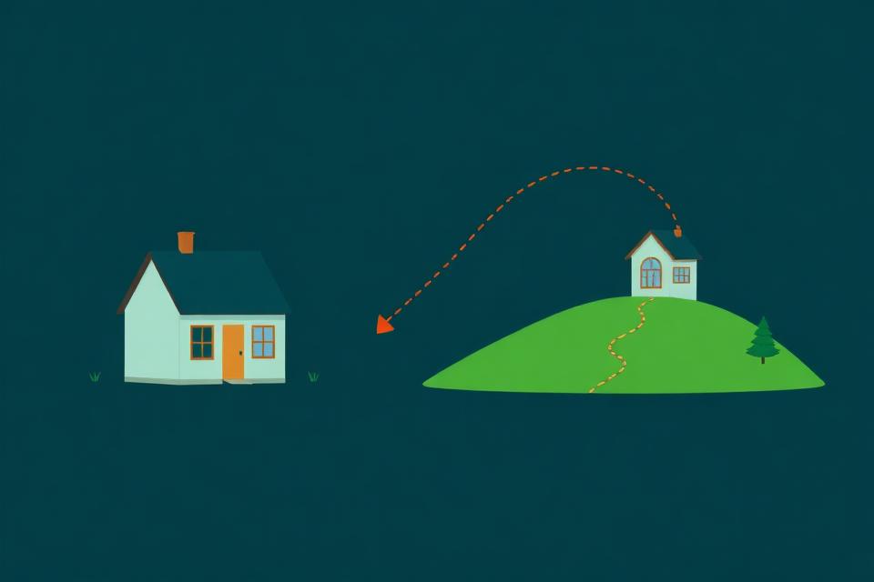 Cartoon of a house moving from a flood danger zone to safe high ground